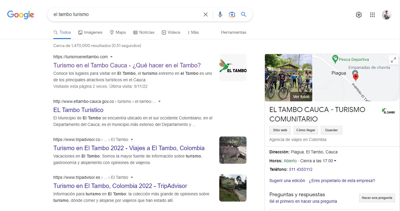 Screenshot with the search "El Tambo tourism" in Google