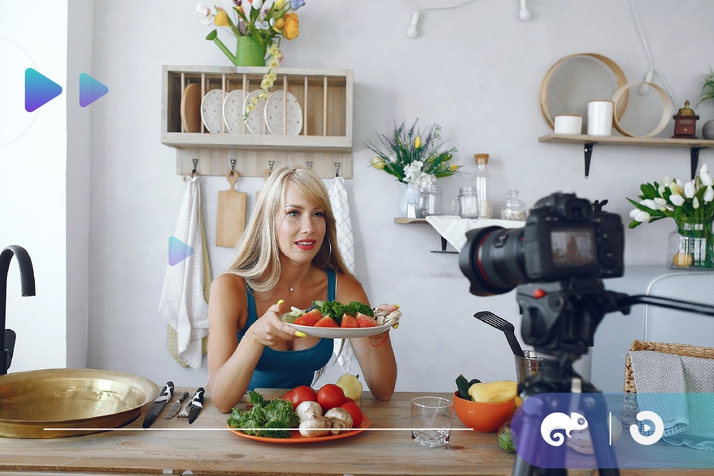 A woman showcasing the prepared dish in front of the camera.