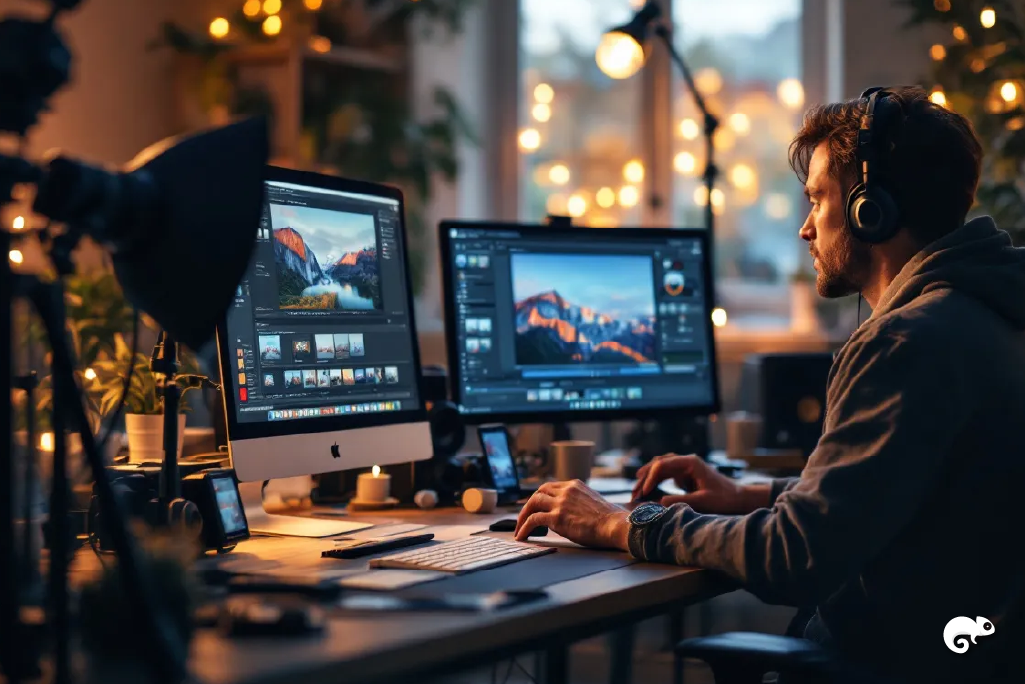 una persona sentada frente a su computador, editando una fotografía