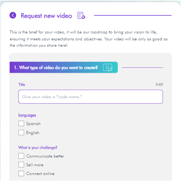 Formulario de solicitud de video con campos para título, selección de idioma y objetivos de comunicación.